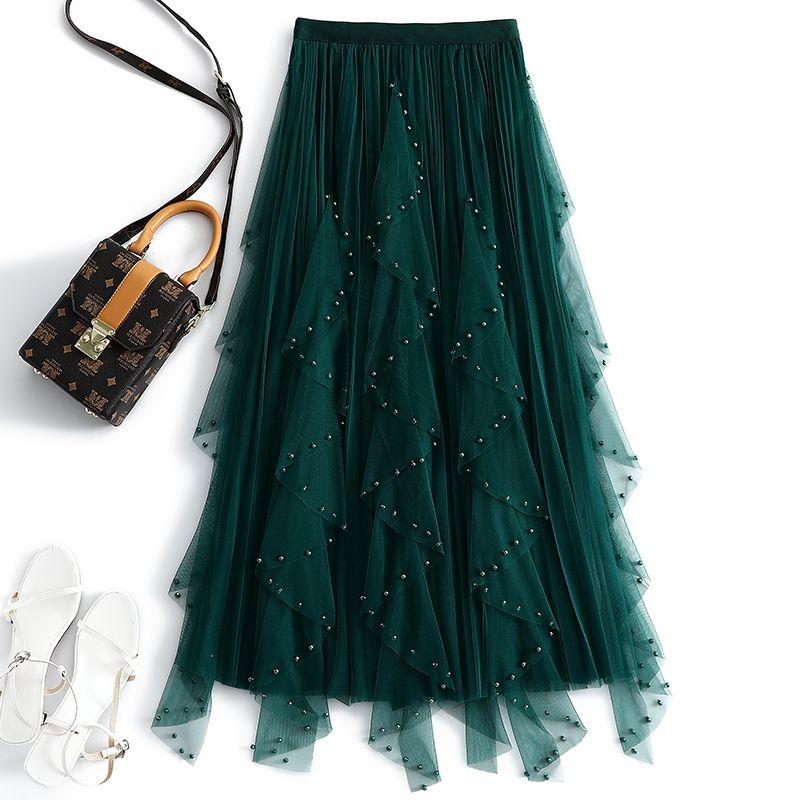 

Весенне-летняя полуюбка с гвоздями и бусинами, женская сетчатая юбка-миди нестандартной формы трапециевидной формы с высокой талией L зелёный