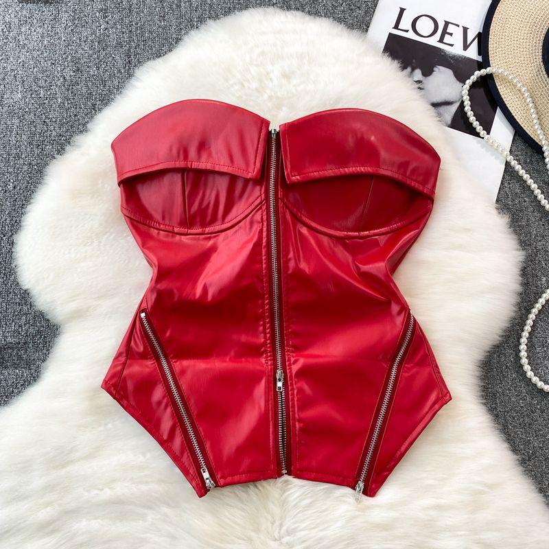 

Retro American Sexy with Chest Pad Silm Slimming Zipper PU Leather Tube Top Vest Female Outwear Short Western Style Tops Red All yards