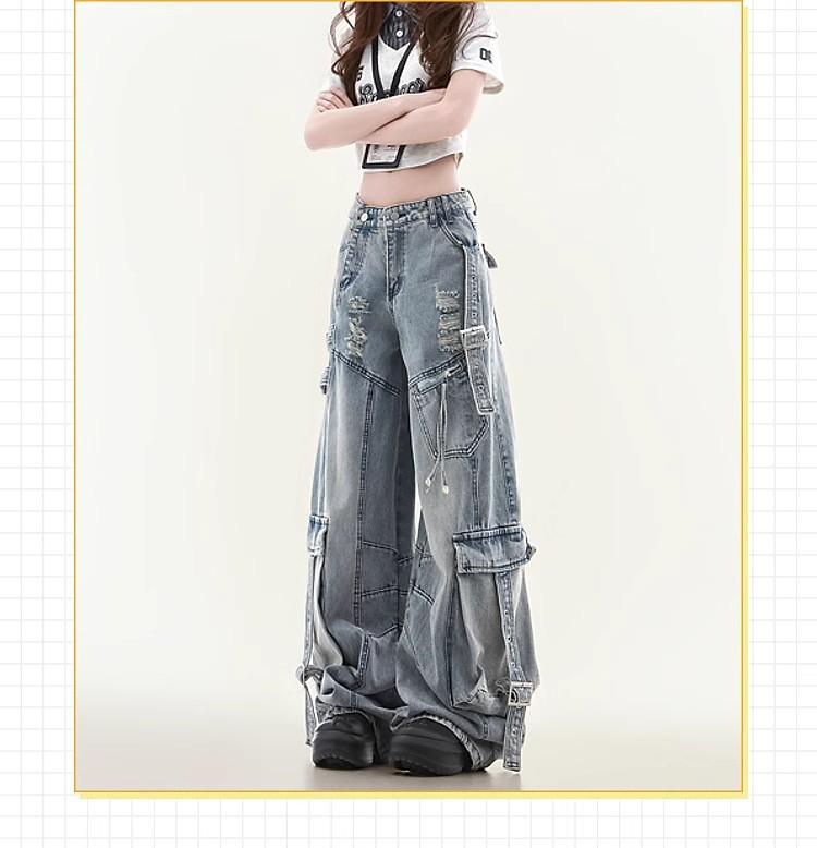 Unisex Wide-Leg Multi-Pocket Ripped Blue Jeans with Deconstructed Ribbon