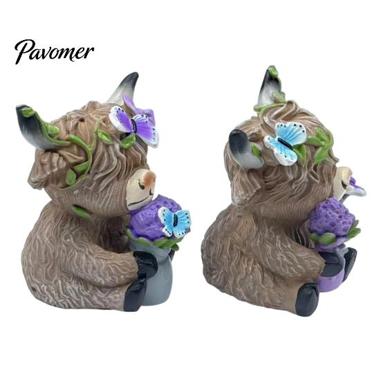 Cute Farmhouse Shelf Decorations Lavender Highland Cow Resin Figurine, Fluffy with Butterfly Bow & Floral Wreath, Romantic Room Atmosphere Decor
