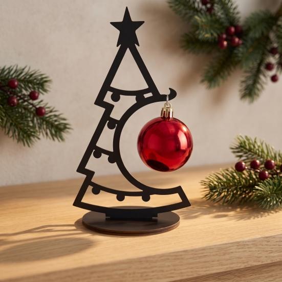 Holiday Atmosphere Ornament Christmas Tree Table Decoration, Metal Line Art Sculpture with Festive Figurine for Workstation Red Ball Xmas Party Desk,