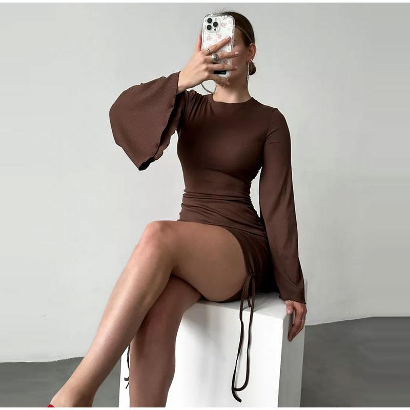 2025 Fashion Women Sexy Bodycon Bell Sleeve Dress Spring Summer New Elegant Slim Fit High Waist Printed Short Skirt