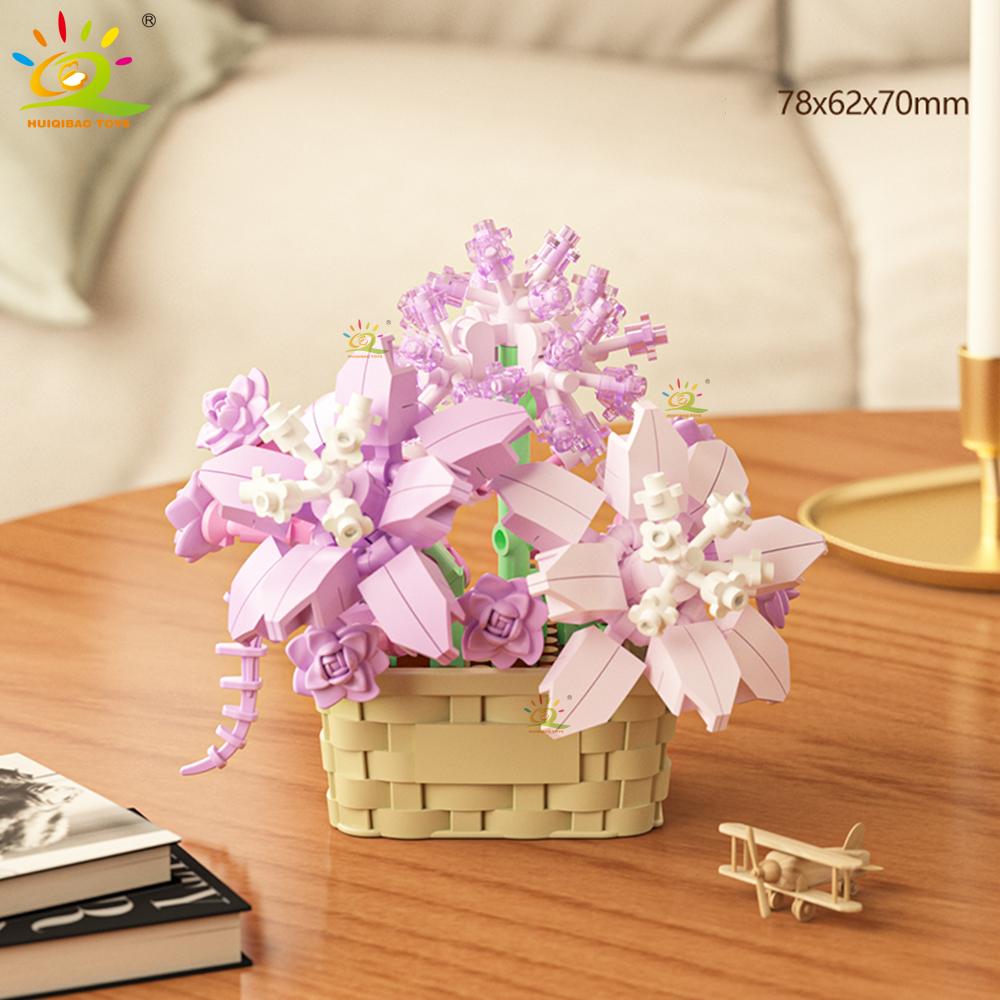 HUIQIBAO MOC Bouquet Potted Plant Micro Building Blocks Eternal Flower Model DIY Home Desk Decoration Brick Toy For Children