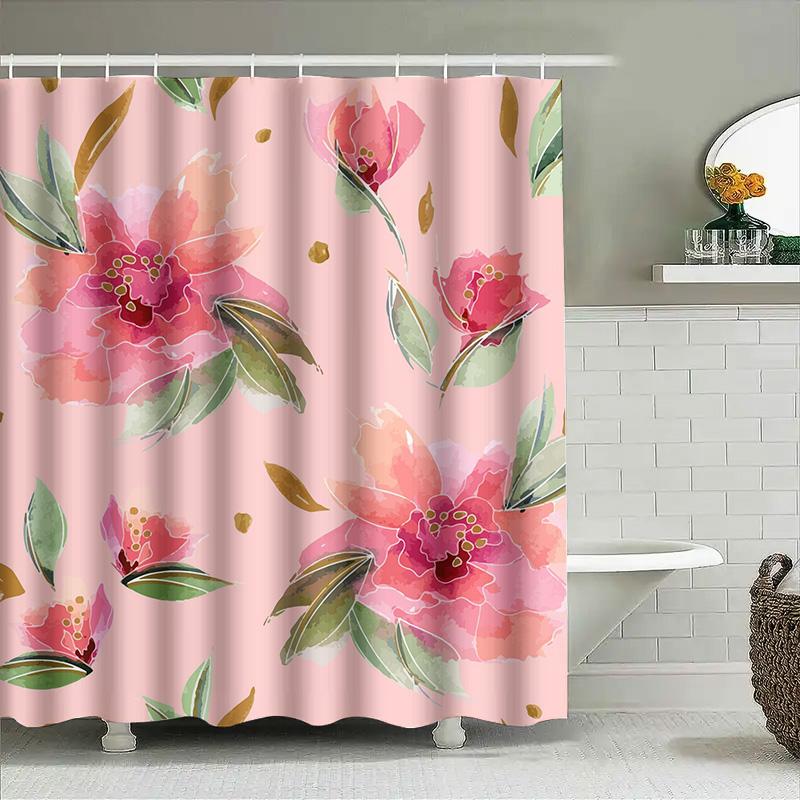 Soft Breathable Peach Floral Shower Curtain For Bathroom Decor With Green Leaves Pink Flower Fabric Waterproof Washable Bath L