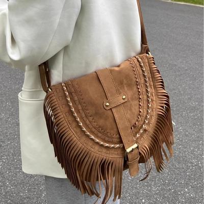 Braune Fransen-Tasche Retro Western Denim-Tasche Nischen Ethnisch Bohemian Umhängetasche Tasche Damen