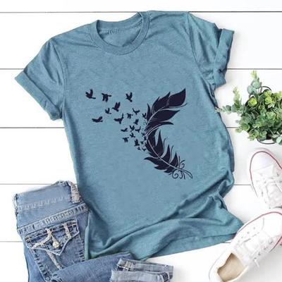 Fashion Women Blue Feather T Shirt Funny Casual O-neck Short Sleeves T-shirt Summer Female Tee Shirt