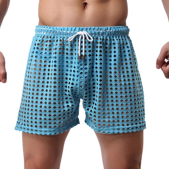 Erotic Men Solid Color Mesh See Through Hollow out Drawstring Shorts Beach Pants