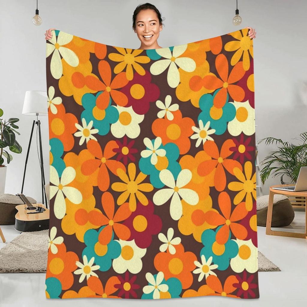 Flower Power Flannel Blanket Quality Soft Warm Retro 70s Classic Throw Blanket Spring Travelling Outdoor Printed Bedspread