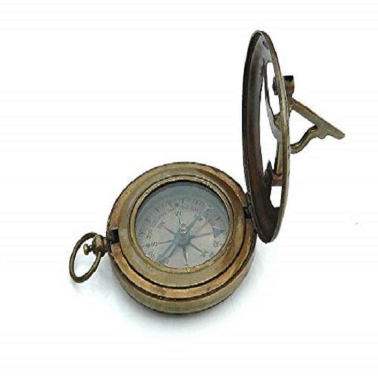 Sonnenuhr Kompass mit Lederetui, Messing , Geschenk für Ihn, Graviert , Drücken für Camping, Wandern,