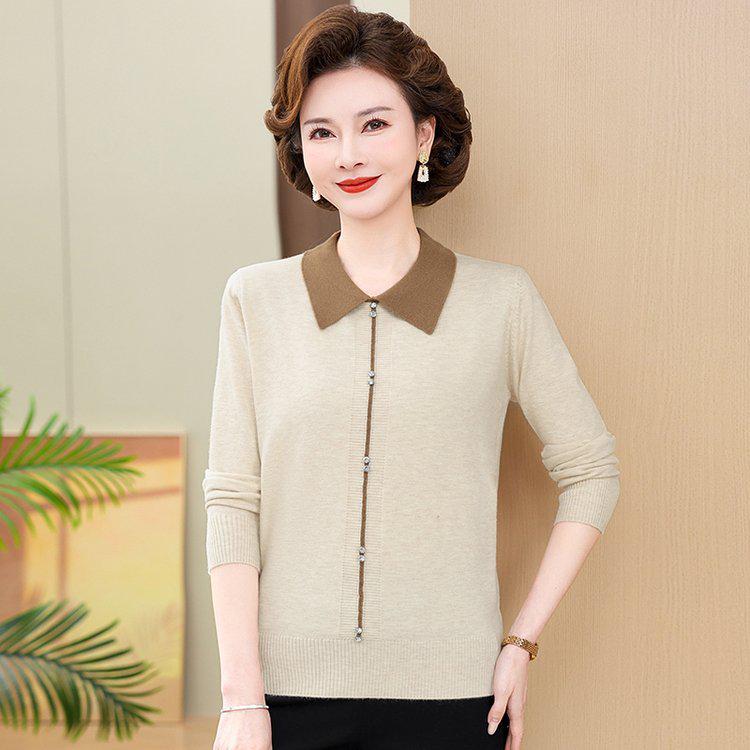 Elegant Knit Lapel Sweater for Middle-aged and Elderly Women—Long Sleeve Base Layer for Spring and Autumn