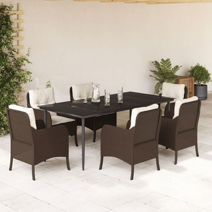 VidaXL Ensemble à Manger de Jardin avec Coussins 7 pcs, Chaises et Table de Patio, Meubles de Terrasse, Moderne, Marron 3211939
