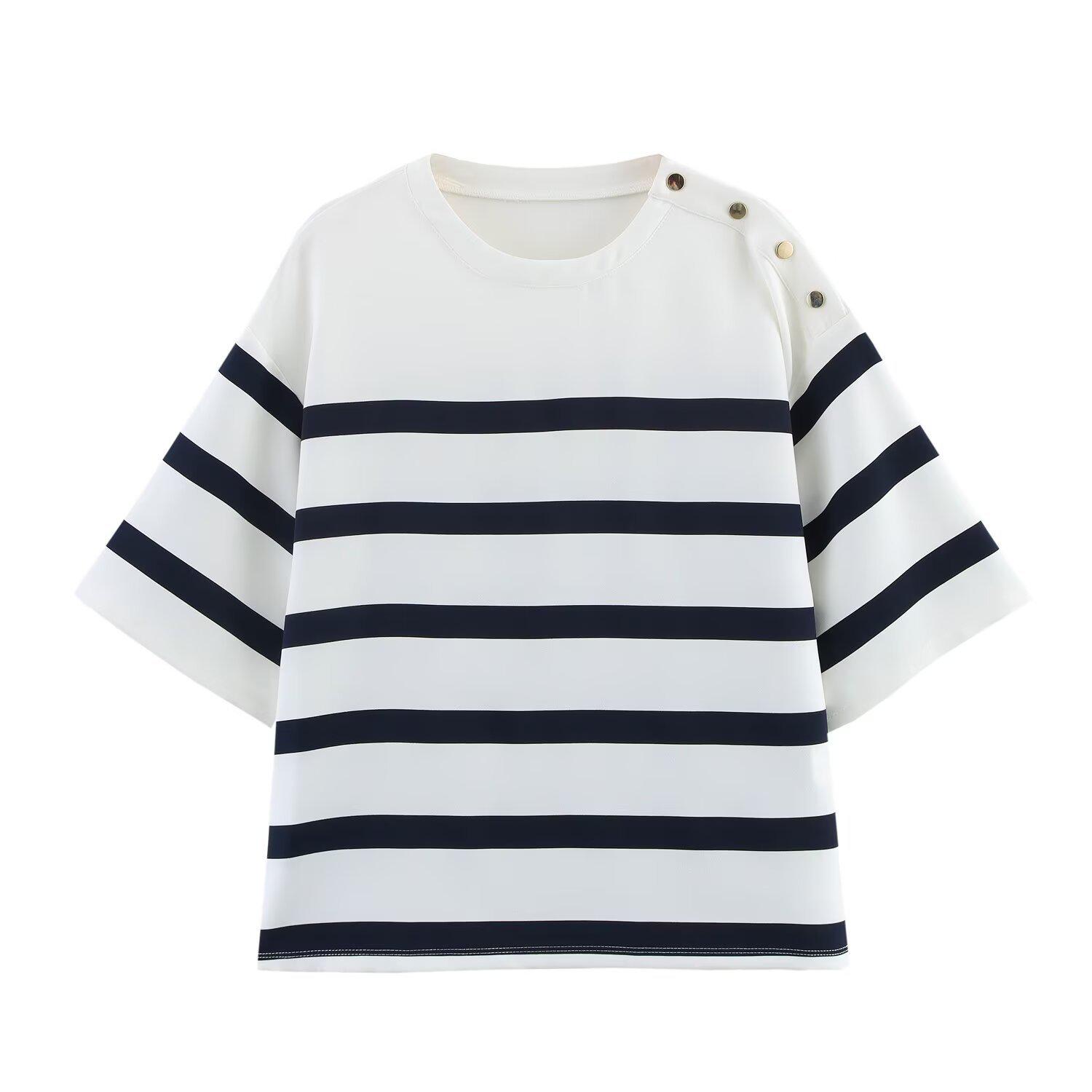 

Весна 2025 Женский полосатый топ с коротким рукавом и повседневные шорты - Европейский и американский стиль Large