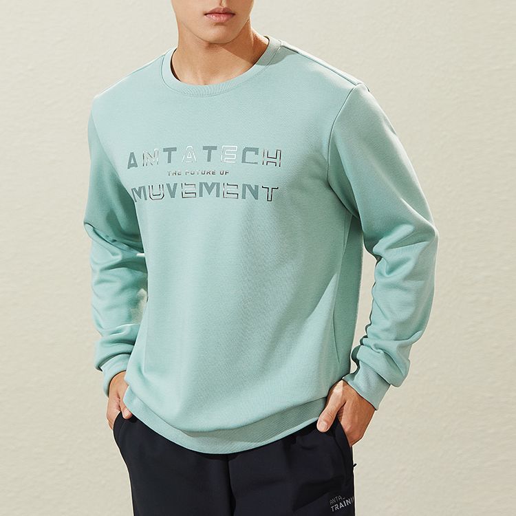 Anta Training Series Solid Color Print Logo Pullover Casual Sport Fleece Sweatshirt Men Tops Green 152247702-2