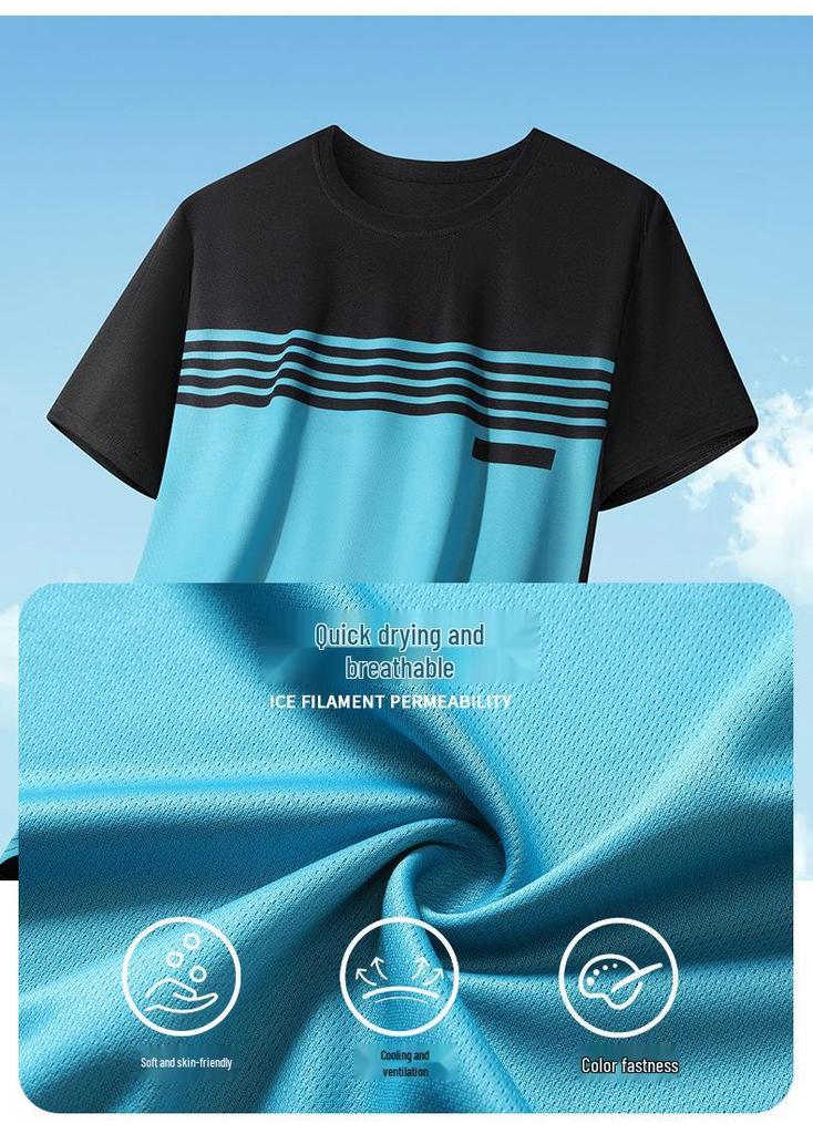 Men's Plus Size Ice Silk Color Block Round Neck T-Shirt - Cool Summer Sports Top
