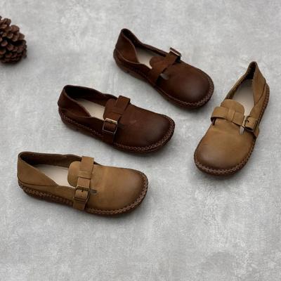 Handmade Leather Shoes Spring and Summer Flat Round Head Casual Cowhide Women's Shoes