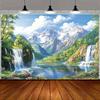 1 2D Flat Natural Landscape Polyester Background Fabric - Waterfall Mountain Views and Snow-capped Peaks, Perfect for Parties