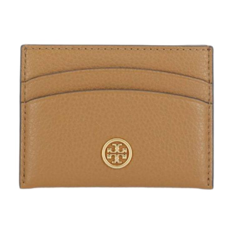 Tory Burch Robinson Classic Practical Gold Logo Tag Litchi Grain Leather Card Holder Women Accessories Brown 155959-202 Basic Set (Bag+Dust Bag)