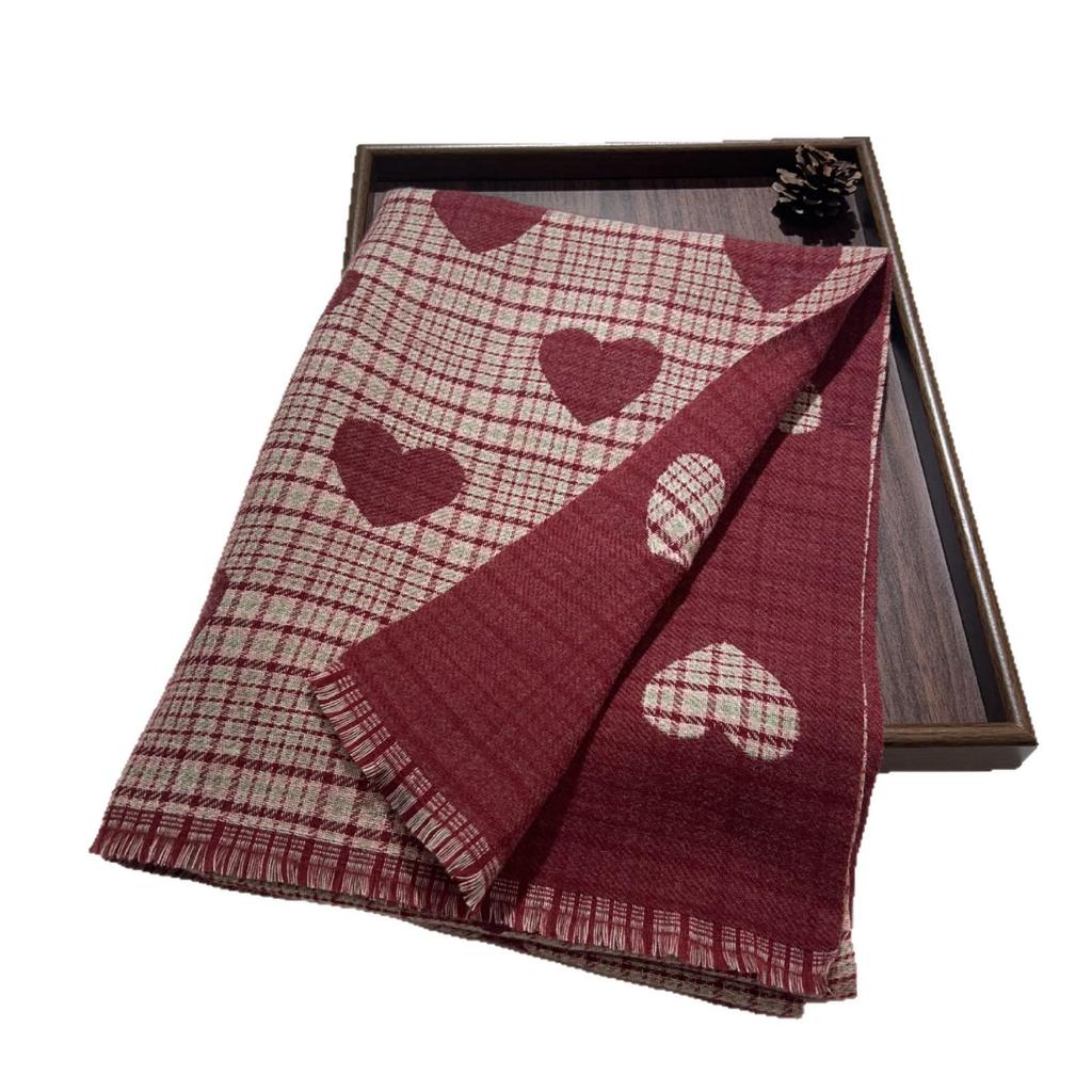 Women's Heart Plaid Cashmere-Feel Scarf: Thick, Warm, Versatile Shawl for Autumn & Winter