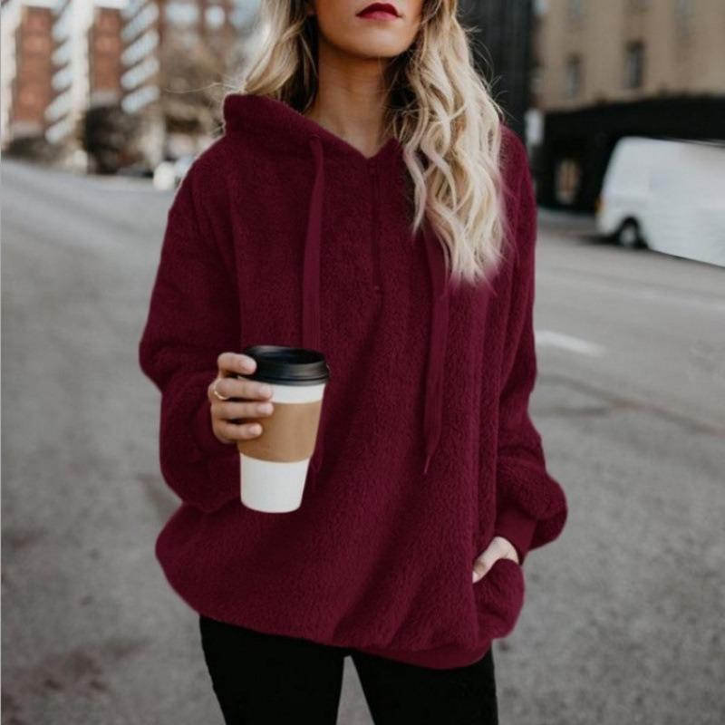 Long Sleeve Hooded Solid Color, Women's Sweater Fleece Jacket