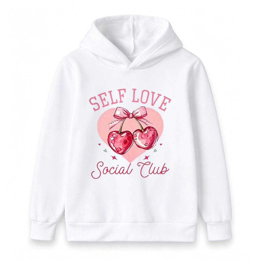 Kids Boys Girls Self Love Social Club Cherry Heart Print Pullover Hoodie Casual Long Sleeve Sweatshirt For Children
