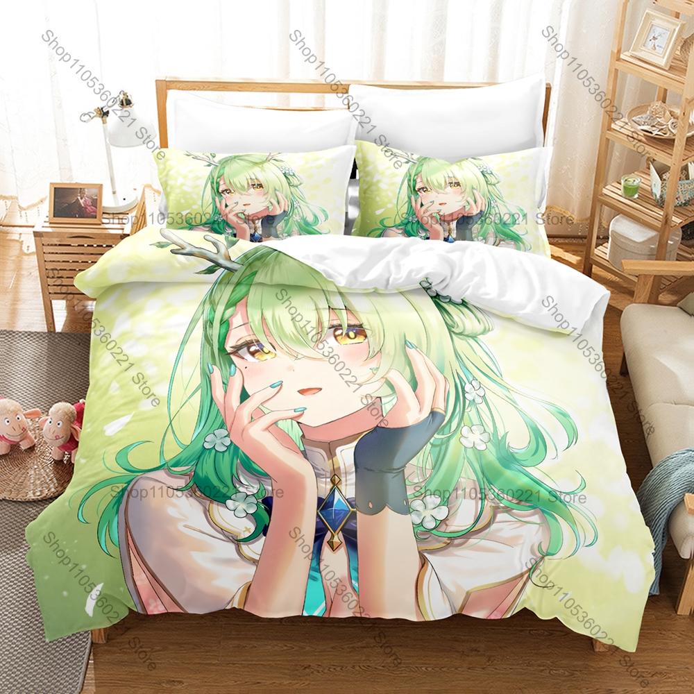 Ceres Fauna Hololive EN VTuber Природа Кирин Зеленые Волосы Принт Комплект Постельного Белья Пододеяльник + 2 Наволочки Для Фанатов Саженцев Декор