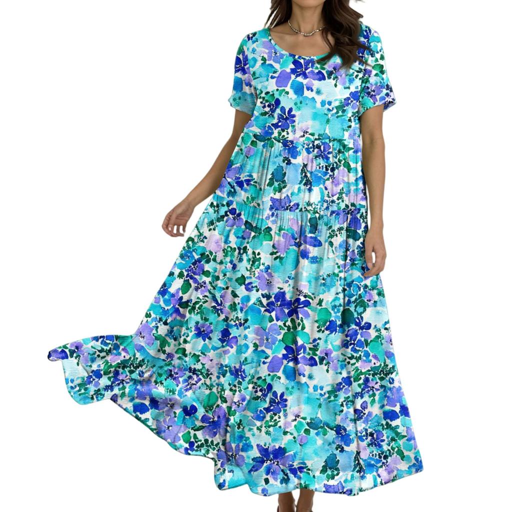 Women's Casual Loose Bohemian Floral Print Short Sleeve Dress