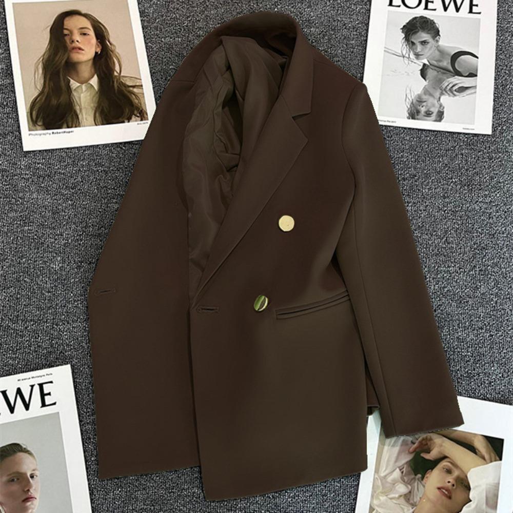 Women's Notched Collar Long Sleeve Blazer Loose Fit Casual Office Jacket Solid Color Single Breasted Pocket Outerwear