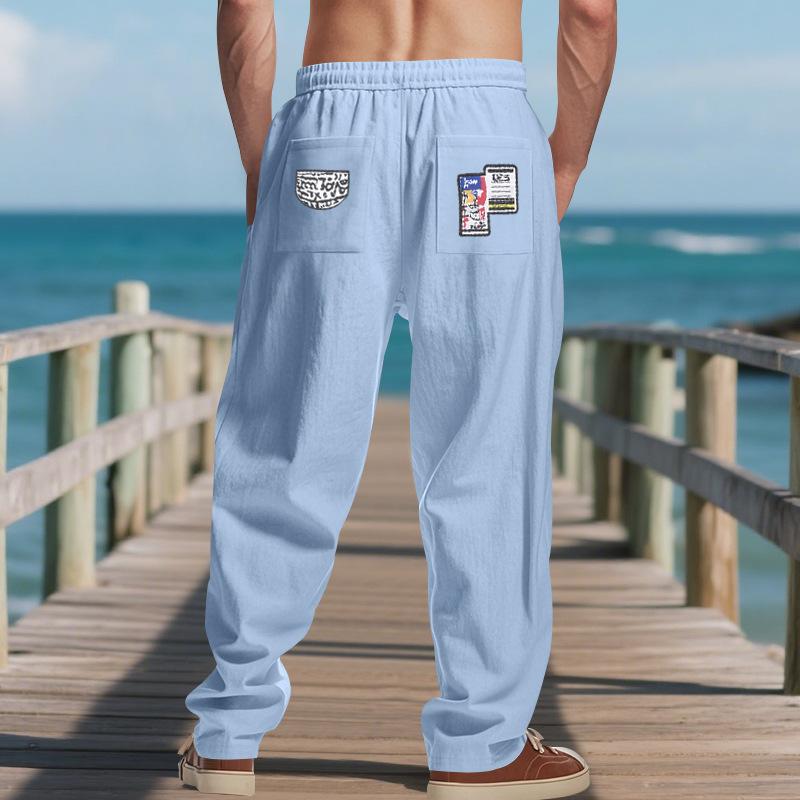 Spring Summer Linen Casual Pants Men Drawstring Loose Hip Hop Beach Trousers Man Lightweight Print Straight Full Length Pants