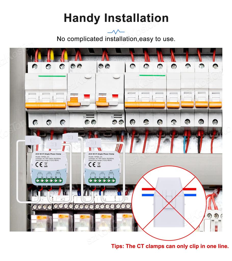 Tuya Wifi Electric Consumption Meter Bidirection 2 Channel Power Meter with Current Transformer Clamp 80A 110V/240V Wattmeter