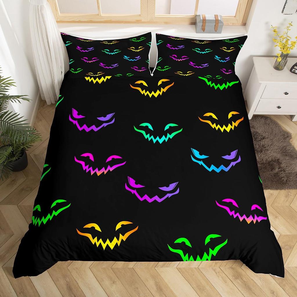 Halloween Bettbezug Zuckerschädel Kopf Bettwäsche Set Queen/Full Größe, Gruselig Erschreckende Fledermäuse Skelett Bettdeckenbezug für Teenager Jugendliche