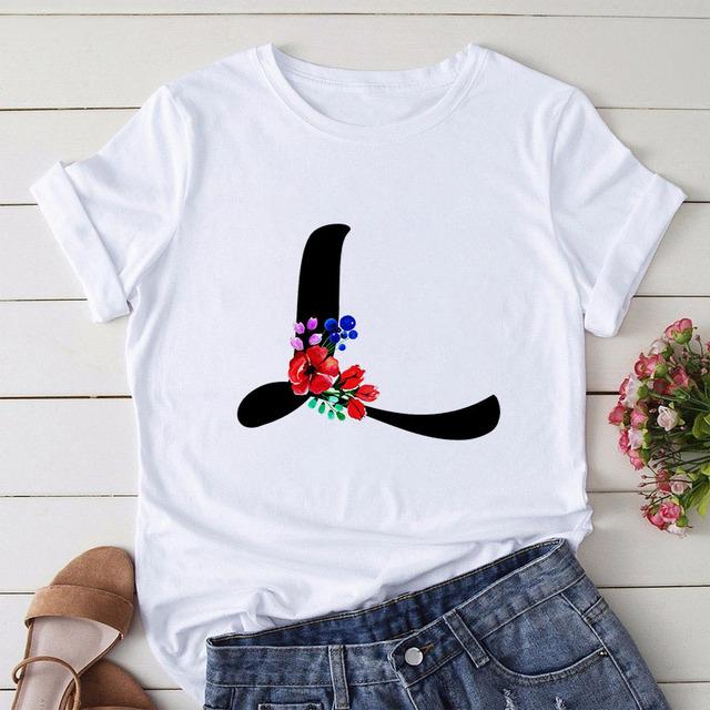 New Alphabet Print Women T Shirt Woman Harajuku Short Sleeve Tees Shirt Floral Letters T-Shirt Girl Summer Tee Top Femme Tshirt