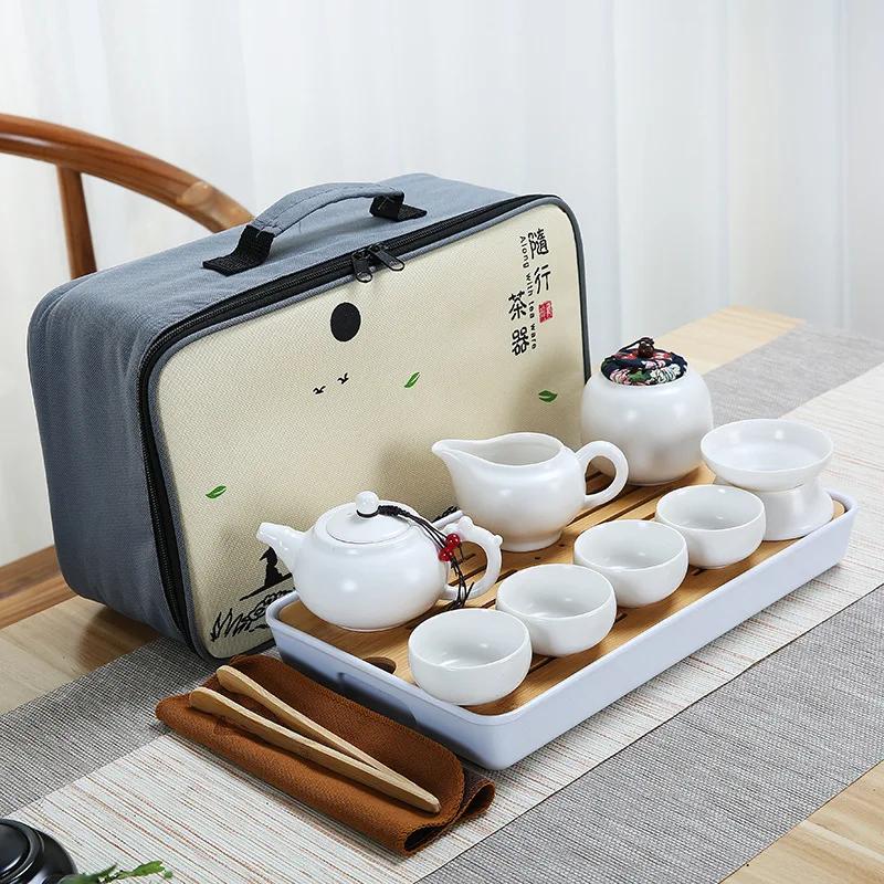 Ceramic Teapot One Pot Four Cup Outdoor Travel Kung Fu Tote Bag Set  Teaset Chinese Tea