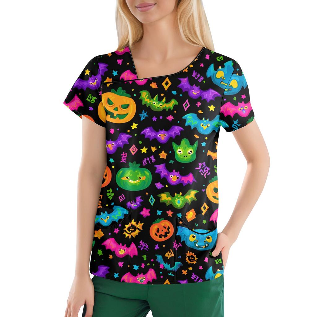 Dámské potištěné pracovní oblečení, šikmý límec a dvojité kapsy, základní top pulovr