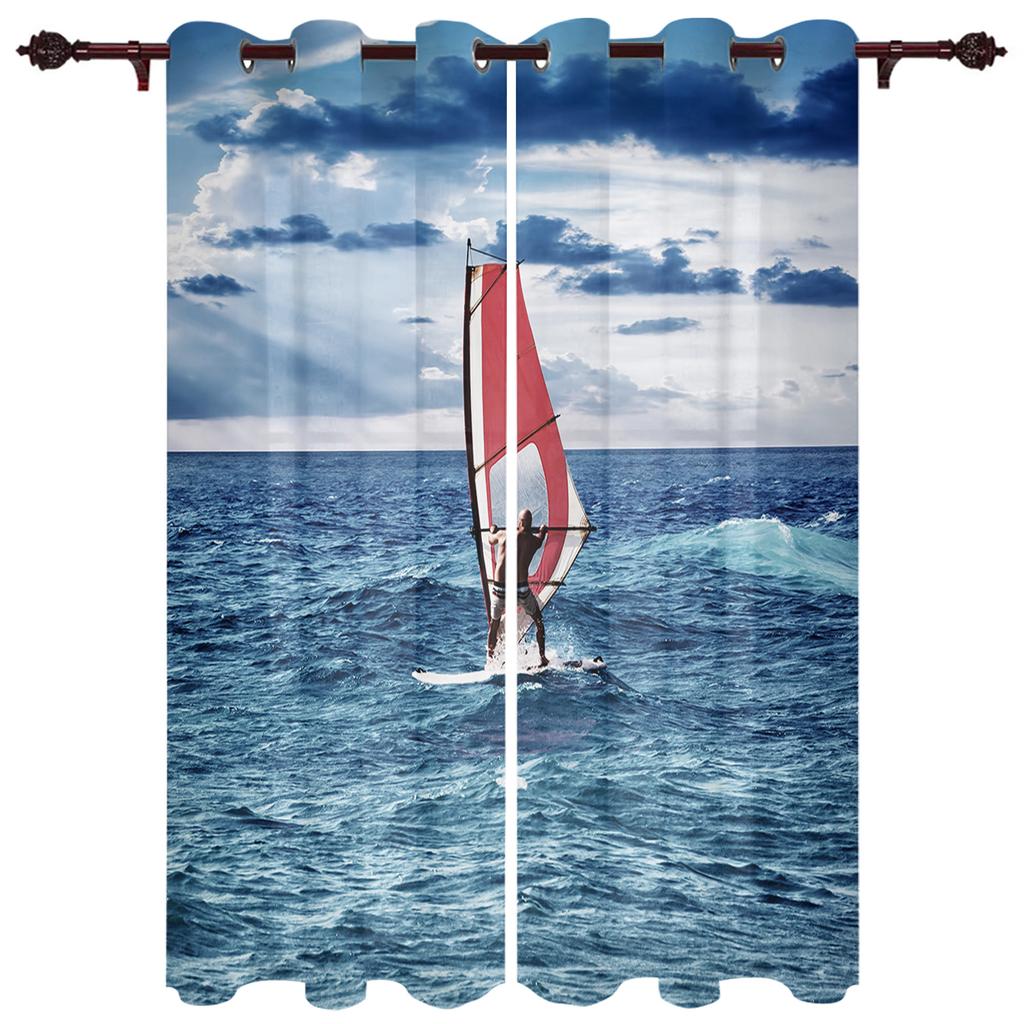 Sunset Sea Black Ship Window Curtain Modern European Style Curtains for Bedroom Living Room Backdrop Curtain