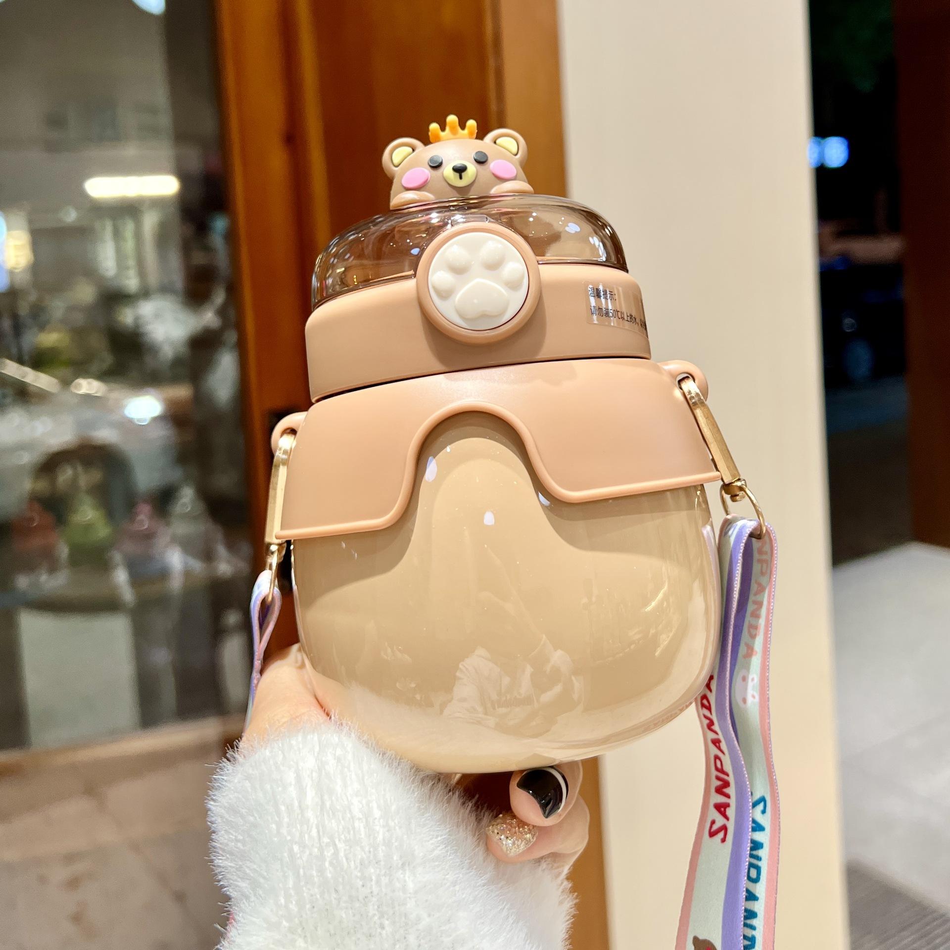 New Cute Stainless Steel Vacuum Insulated Cold Cup Little Cute Bear Dudu Student Straw Crossbody Carrying Water Cup 401-500ml