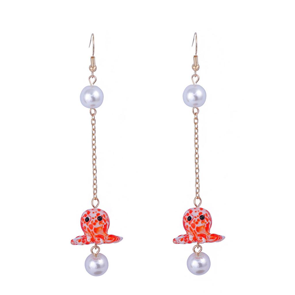 Fashion Cute Simulation Ocean Glazed Octopus Pendant Earrings Imitation Pearl Niche Ins Vacation Style Girl