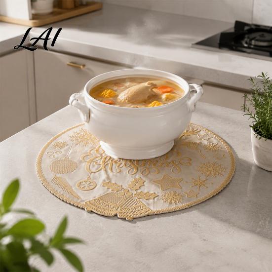 Holiday Dining Table Decor Round Christmas Placemat 15 Inch Waterproof Place Mat Heat Theme Resistant PVC Mat for Party Festive Setting Accessories