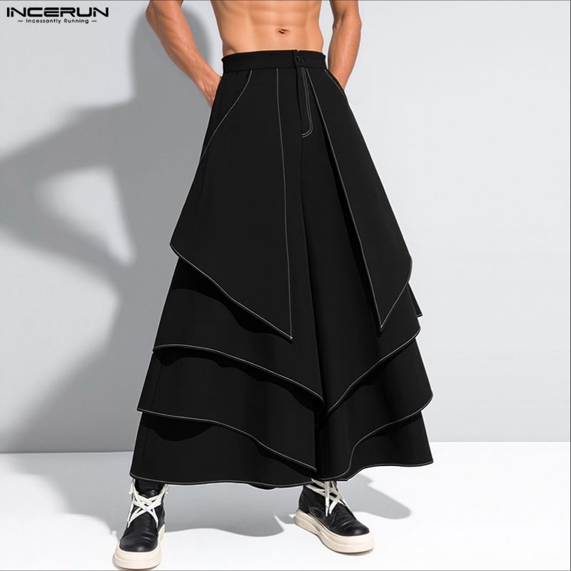 INCERUN Men Casual Loose Zipper Waist Front Irregular Layers Long Pants Trousers