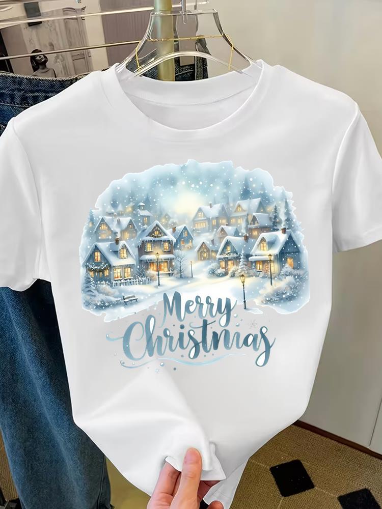 (Asian Size) style truck trend Merry Christmas Short Sleeve T-shirts Women's Top O-neck T Shirt Print Fashion Casual New Year Clothing Graphic Tee