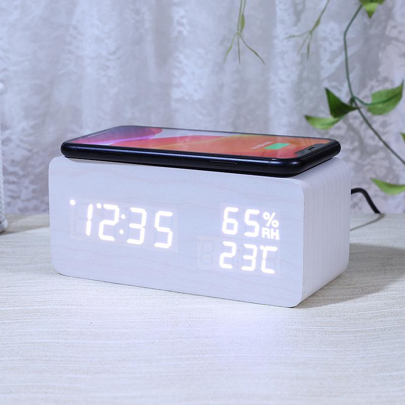 Smart Wireless Charging Clock Creative Electronic Wooden Clock Digital Wireless Fast Charging Temperature Alarm Clock