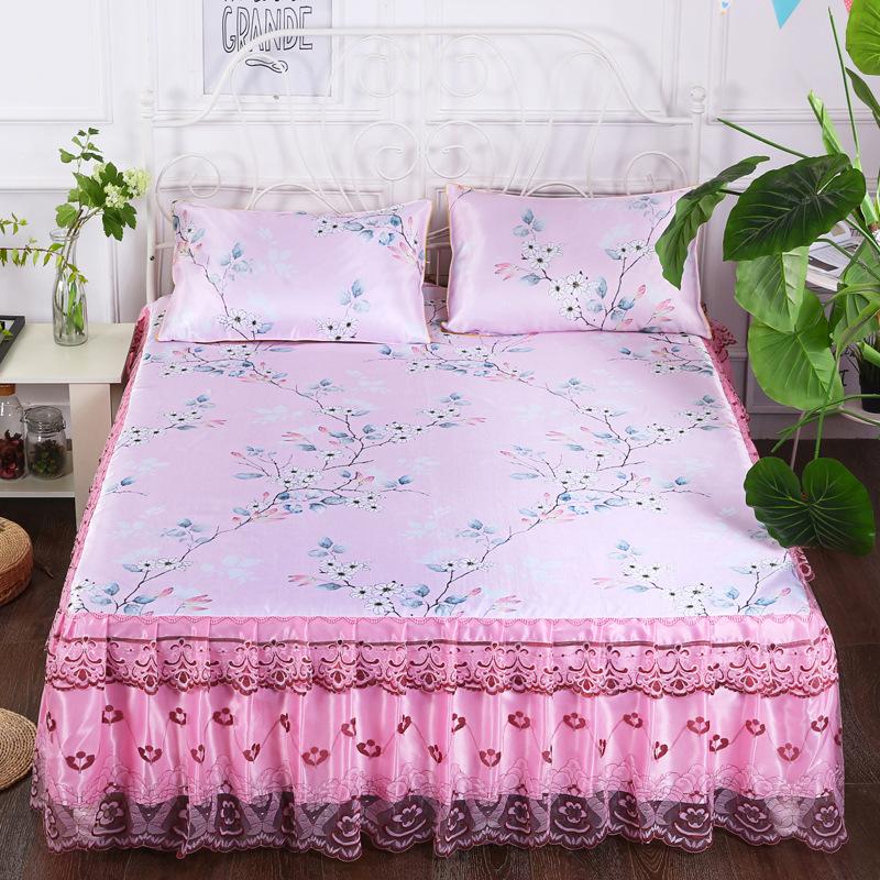 3-teilige Kühlmatte, Spitzen-Bettrock, Eismatte, moderne Bettüberwürfe, hautfreundliches Bettwäsche-Set, Stoff für Queen-Size-Betten mit Kissenbezug