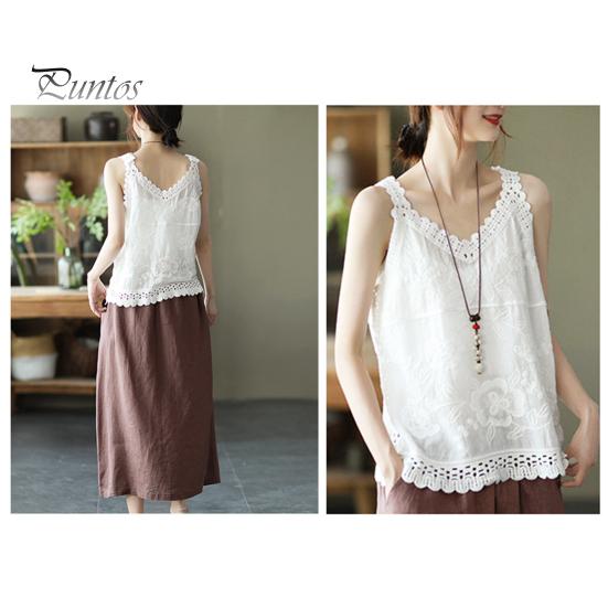 Dame Sommer Tank Tops V-hals Ermeløs Ensfarge Loose Fit Casual Bluse Broderi Blondemønster Sling Topper