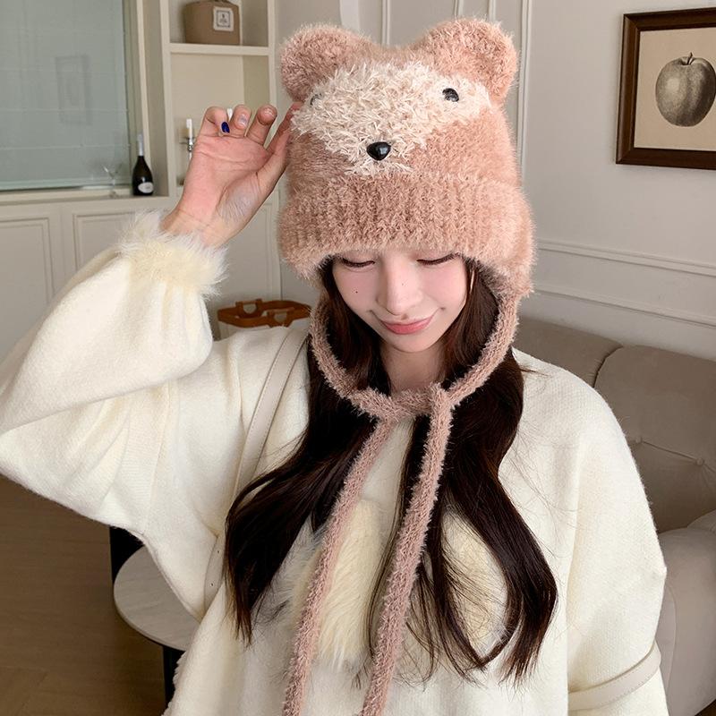 Little Bear Plush Knitted Cap for Women  Cute and Warm Japanese Style Ear Protecting Woolen Cap for Autumn and Winter Outdoor Cycling Cold Proof Cap