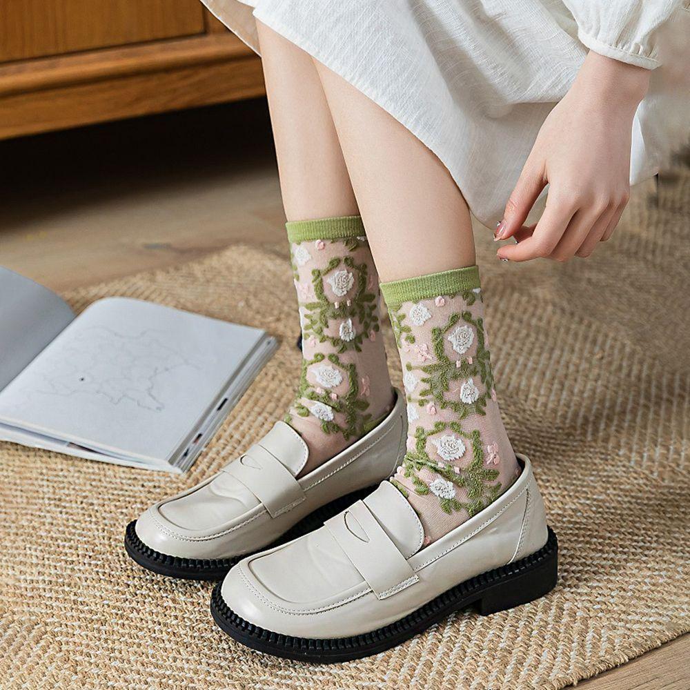 

Girls Crystal Silk Socks Embroidery Women s Socks Middle Tube Socks Flower Socks Floral Hosiery