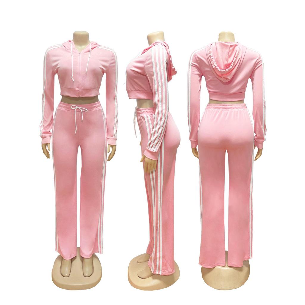 TW802 Women's Autumn/Winter Striped Hooded Cardigan & Straight-Leg Trousers Set