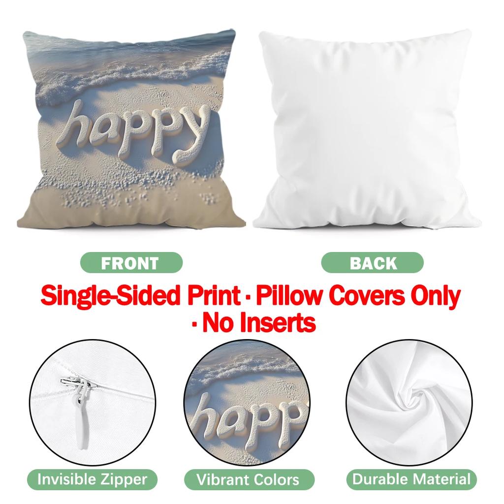 4Pcs Seaside Beach Print Single-Sided Cushion Cover For Living Room Bedroom Car Home Decor