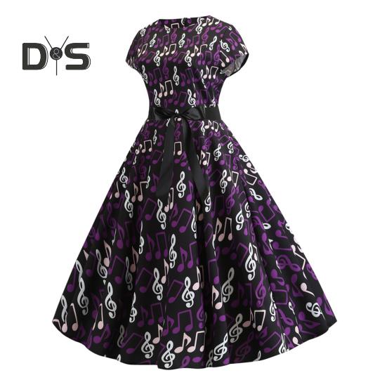Damenkleid mit Musikskalen-Print, Rundhalsausschnitt, Schleife, Gürtel, enge Taille, A-Linie, großer Saum, bunt, kurze Ärmel, Reißverschluss auf der Rückseite, Midikleid für Damen