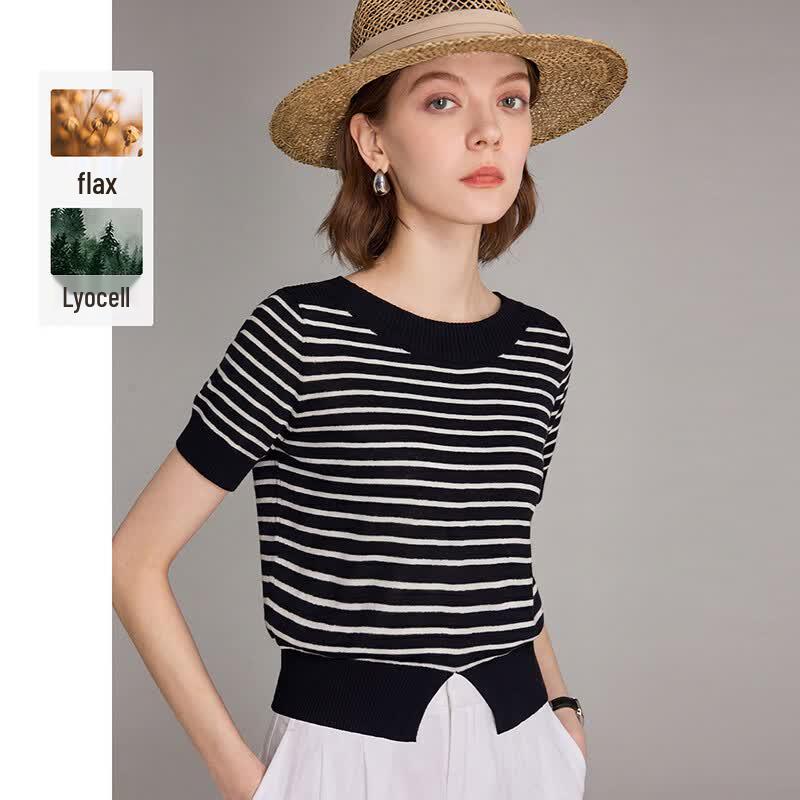 Women s Lightweight Tencel Linen Blend Round Neck Knitted T-Shirt One Size