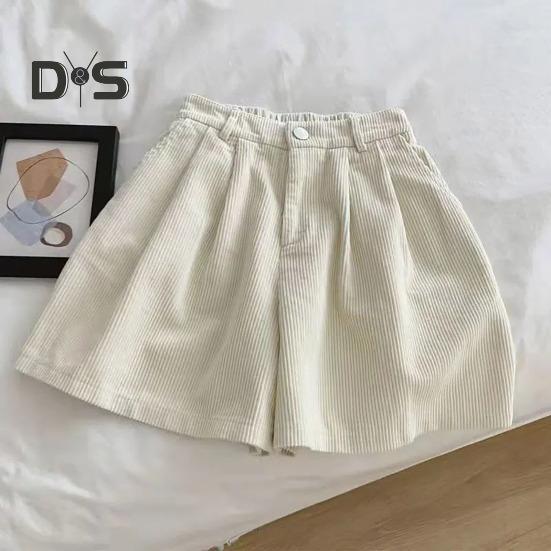 Vintage-Cord-Damen-Shorts, elastisch, hohe Taille, Knopf, Reißverschluss, Shorts, Taschen, weites Bein, kurze Hose