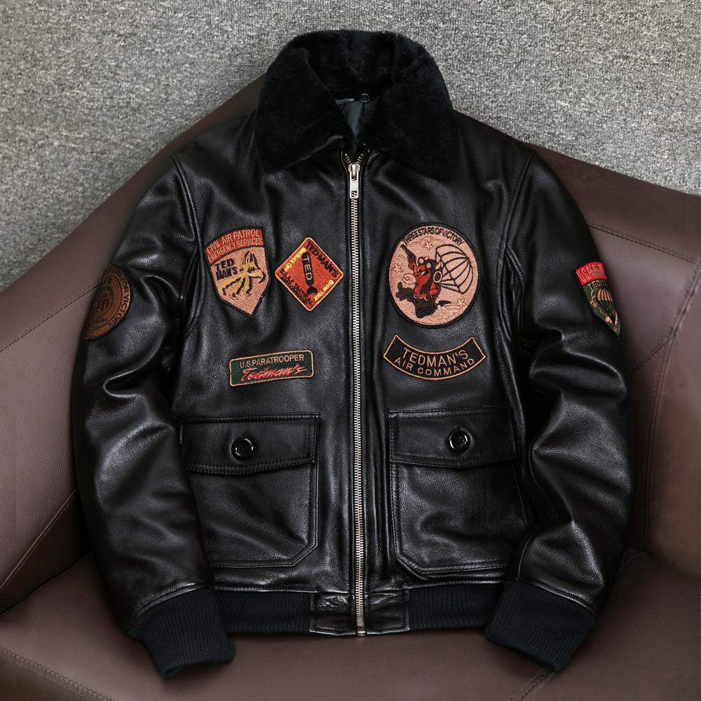 Mens Leather Bomber Jacket Genuine Cowhide Pilot Flight Jacket Cotton Lined Winter Coat